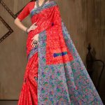 Model Wearing Balucha Cotton BP Cotton Saree in Light Rose Red & Grey