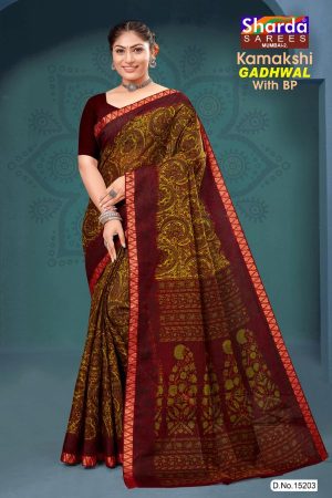 Kamakshi Gadhwal Cotton Saree with Dull Maroon and Green Color and Fabulous Design