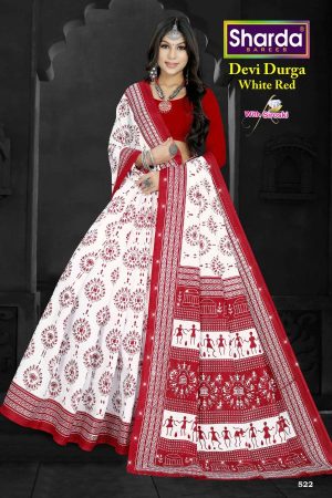 Devi Durga White Red Cotton Saree with Swarovski Accents