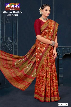 Girnar Batick Siroski Cotton Saree with Orange and Red Color