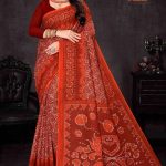 Model Draping Cute Choice Orange, Red, White Cotton Saree