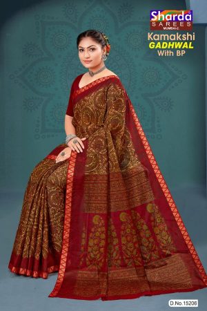 Kamakshi Gadhwal Cotton Saree with Mehndi and Red Color and Fabulous Design