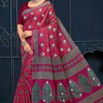 Girnar Batick Siroski Cotton Saree with Dark Pink and Grey Color