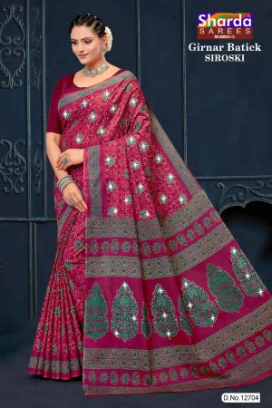 Girnar Batick Siroski Cotton Saree with Dark Pink and Grey Color