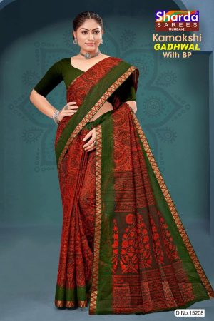 Kamakshi Gadhwal Cotton Saree with Dark Red and Dark Green Color and Fabulous Design