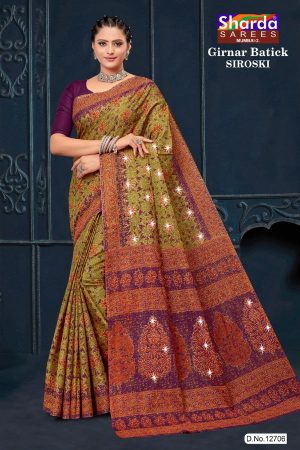 Girnar Batick Siroski Cotton Saree Close-Up of Elegance Design