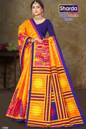 Full View of Super Pashmina Checks Cotton Saree in Bright Yellow and Multi-Colors