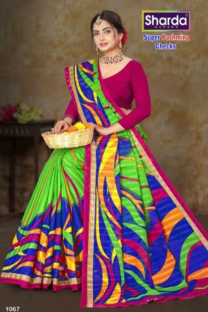 Super Pashmina Checks Cotton Saree with Bright Green and Multi-Color