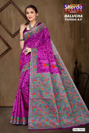 Balucha Cotton BP Cotton Saree in Purple & Grey with Rose Flower Design