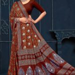 Girnar Batick Siroski Cotton Saree with Maroon, Dull Orange & Grey Color