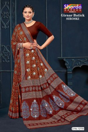 Girnar Batick Siroski Cotton Saree with Maroon, Dull Orange & Grey Color