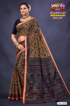 Model Wearing Gadhwal Mehndi & Navy Blue Floral Cotton Saree