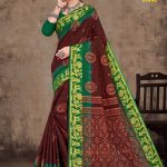 Model Wearing Copper Crystal Stone Cotton Saree in Metal Maroon & Green