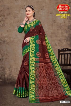 Model Wearing Copper Crystal Stone Cotton Saree in Metal Maroon & Green