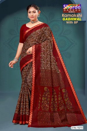 Kamakshi Gadhwal Cotton Saree with Mehndi and Dark Red Color and Fabulous Design