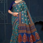 Girnar Batick Siroski Cotton Saree with Blue, Dull Orange & Grey Color