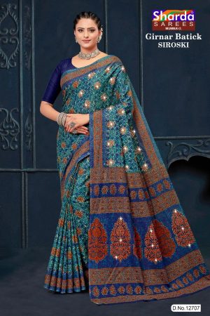 Girnar Batick Siroski Cotton Saree with Blue, Dull Orange & Grey Color