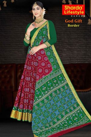 "God Gift Border Green and Red Cotton Saree with Intricate Design"