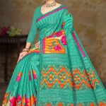 Full View of Super Pashmina Checks Cotton Saree in Peacock Green and Multiple Colors