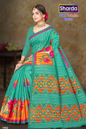 Full View of Super Pashmina Checks Cotton Saree in Peacock Green and Multiple Colors