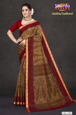 Aashiq Gadhwal Cotton Saree in Mehndi and Maroon with Fashionable Design