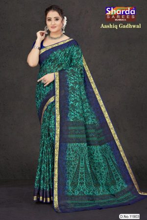 Aashiq Gadhwal Cotton Saree in Peacock Green and Navy Blue with Fashionable Design