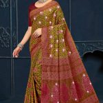 Girnar Batick Siroski Cotton Saree with Mehndi and Dark Pink Color