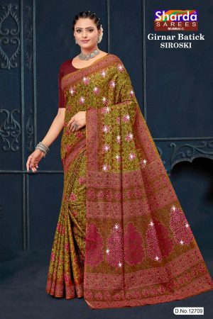 Girnar Batick Siroski Cotton Saree with Mehndi and Dark Pink Color