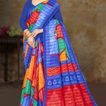 Close-Up of Blue Background and Multi-Color Checks on Pashmina Cotton Saree