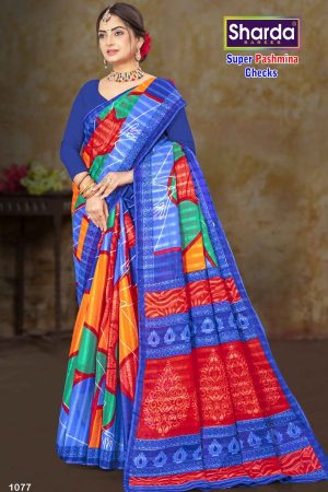 Close-Up of Blue Background and Multi-Color Checks on Pashmina Cotton Saree