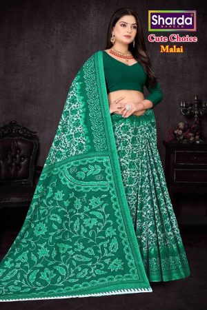 Model Draping Cute Choice Green Cotton Saree.