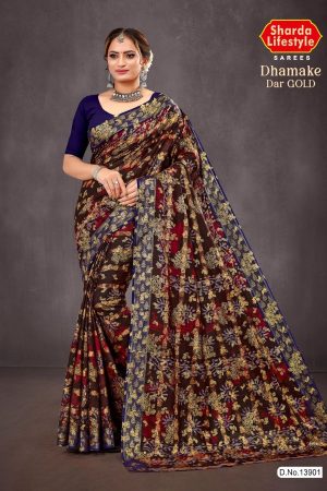 Dhamake Dar Gold Cotton Saree Draped Elegantly