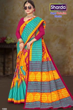 Full View of Super Pashmina Checks Cotton Saree with Multiple Shades