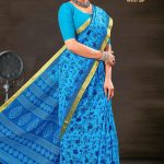 Gadhwal Blue Cotton Saree with Flower Design