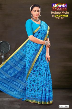 Gadhwal Blue Cotton Saree with Flower Design