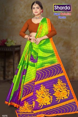 Close-Up of Checkered Design on Pashmina Cotton Saree