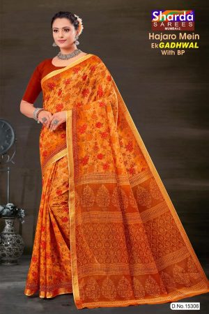 Model Wearing Gadhwal Orange Flower Design Saree