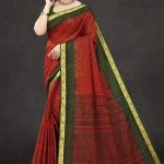 Aashiq Gadhwal Cotton Saree in Dark Red and Dark Green with Fashionable Design