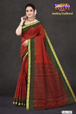 Aashiq Gadhwal Cotton Saree in Dark Red and Dark Green with Fashionable Design