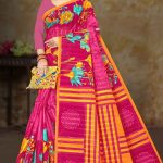 Full View of Super Pashmina Checks Cotton Saree with Rose Pink and Blue Flowers