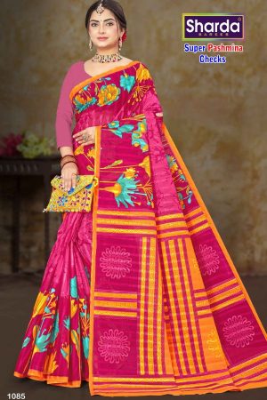 Full View of Super Pashmina Checks Cotton Saree with Rose Pink and Blue Flowers