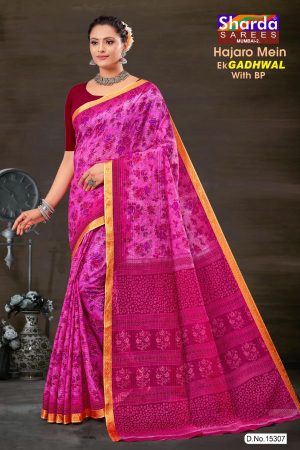 Gadhwal Pink Cotton Saree with Flower Design