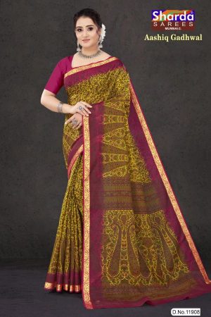 Aashiq Gadhwal Cotton Saree in Mehndi and Dark Pink with Fashionable Design