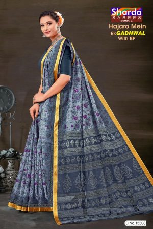 Model Wearing Gadhwal Grey Flower Design Saree