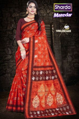 Full View of Mazedaar Siroski Cotton Saree in Orange Color