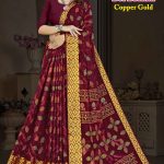 Model Draping Bol Bachan Copper Gold Maroon Saree