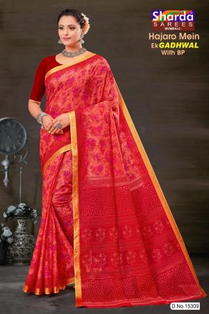 Model Wearing Gadhwal Red Flower Design Saree