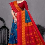 Jay Jawan Jay Kishan Cotton Saree in Blue, Red, and Orange with Ultra-Modern Design