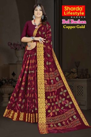 Model Draping Bol Bachan Copper Gold Maroon Saree