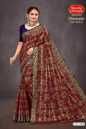 Dhamake Dar Gold Cotton Saree Draped Elegantly